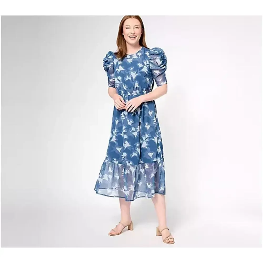 Destination 365 Reg Printed Chiffon Midi Dress Womens Large Blue Indigo Floral